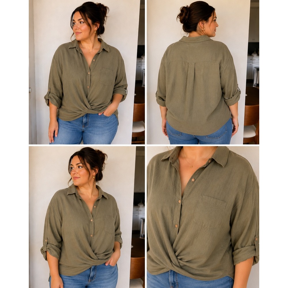 Zara Top Women's XL‎ Olive Green Twist Front Linen Blend
